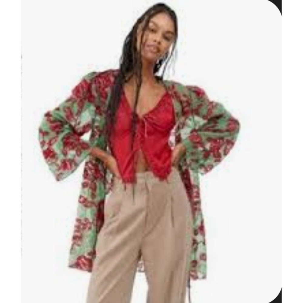 Urban Outfitters Sheer Mesh Velvet Floral Kimono Cardigan Festival Bell Sleeve